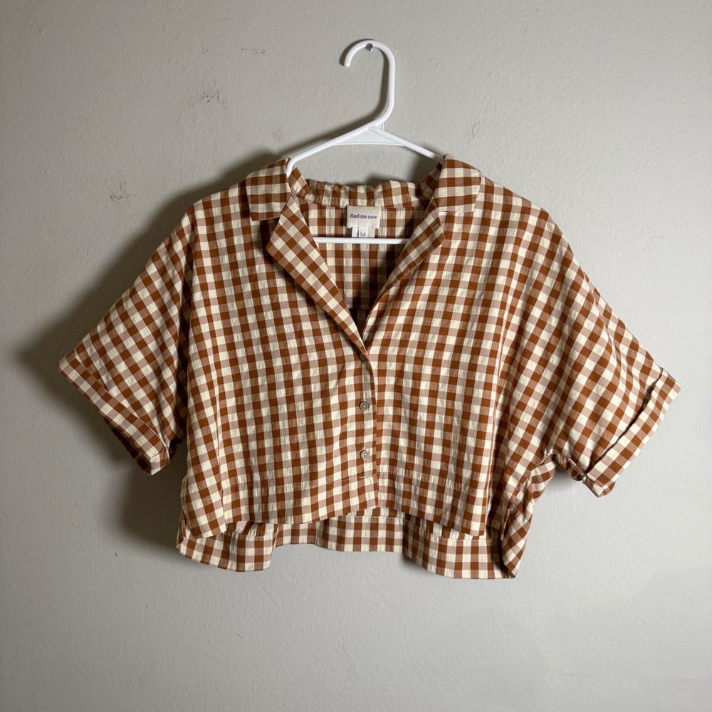 Find Me Now Womens Brown Gingham Cropped Short Sleeve Button Down Shirt Size M - Picture 1 of 5